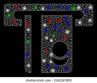 Bright mesh automated banking service with glare effect. White wire carcass triangular network in vector format on a black background. Abstract 2d mesh designed with triangular lines, points,