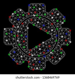 Bright mesh automation with glare effect. White wire frame polygonal mesh in vector format on a black background. Abstract 2d mesh designed with polygonal grid, dots, colorful flare spots.