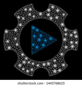 Bright mesh automation with glare effect. Shiny wire frame triangular mesh in vector format on a black background. Abstract 2d mesh designed with triangular lines, round dots, glossy light spots.