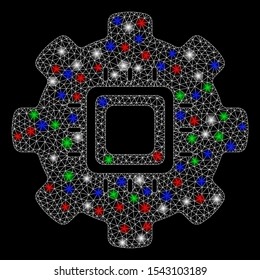 Bright mesh automation with glare effect. White wire carcass triangular mesh in vector format on a black background. Abstract 2d mesh designed with polygonal grid, points, colored glare spots.