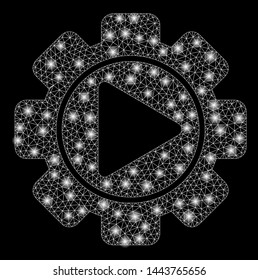 Bright mesh automation with lightspot effect. Shiny wire frame polygonal mesh in vector format on a black background. Abstract 2d mesh designed with triangular lines, round dots, glowing glare spots.