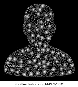 Bright mesh avatar with glare effect. Shiny wire carcass triangular network in vector format on a black background. Abstract 2d mesh built from triangular lines, small circle, glossy glare spots.