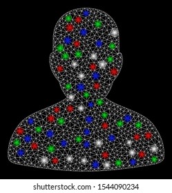 Bright mesh avatar with glare effect. White wire frame triangular mesh in vector format on a black background. Abstract 2d mesh designed with triangular lines, dots, colorful flash spots.