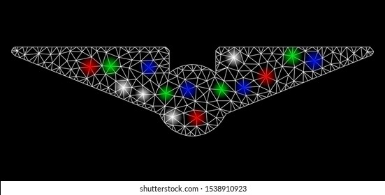 Bright mesh aviation with glare effect. White wire frame polygonal mesh in vector format on a black background. Abstract 2d mesh designed with triangular lines, points, colored light spots.