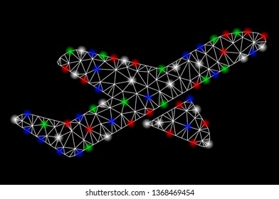 Bright mesh aviation with glow effect. White wire frame polygonal mesh in vector format on a black background. Abstract 2d mesh built from polygonal grid, dots, colorful glare spots.
