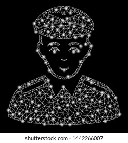 Bright mesh aviator with glare effect. Shiny wire frame triangular mesh in vector format on a black background. Abstract 2d mesh designed with triangles, small circle, glossy flare spots.