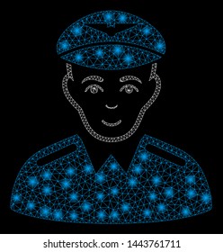 Bright mesh aviator with glow effect. Shiny wire frame triangular mesh in vector format on a black background. Abstract 2d mesh designed with triangular lines, small circle, glossy flare spots.