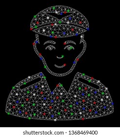 Bright mesh aviator with lightspot effect. White wire carcass polygonal mesh in vector format on a black background. Abstract 2d mesh designed with polygonal grid, dots, colored light spots.