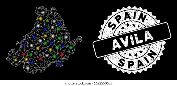 Bright mesh Avila Province map with lightspot effect, and stamp. Wire carcass triangular Avila Province map mesh in vector format on a black background. White round stamp with grunged texture.