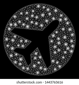 Bright mesh avion with glare effect. Shiny wire carcass polygonal mesh in vector format on a black background. Abstract 2d mesh designed with triangular lines, points, glossy glare spots.
