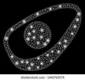 Bright mesh avocado half with lightspot effect. Shiny wire carcass triangular mesh in vector format on a black background. Abstract 2d mesh created from triangular lines, round dots,