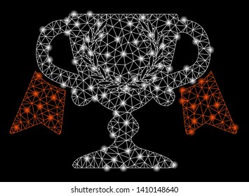 Bright mesh award cup with glare effect. Shiny wire carcass polygonal mesh in vector format on a black background. Abstract 2d mesh built from polygonal grid, dots, glossy light spots.
