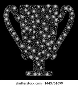 Bright mesh award cup with glow effect. Shiny wire frame polygonal mesh in vector format on a black background. Abstract 2d mesh designed with polygonal grid, small circle, glowing flash spots.