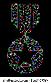 Bright mesh award with glow effect. White wire carcass polygonal mesh in vector format on a black background. Abstract 2d mesh designed with polygonal grid, round dots, colored flash spots.