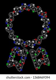 Bright mesh award with lightspot effect. White wire frame polygonal mesh in vector format on a black background. Abstract 2d mesh built from polygonal grid, dots, colorful light spots.