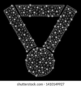 Bright mesh award medal with glow effect. Shiny wire carcass triangular mesh in vector format on a black background. Abstract 2d mesh designed with triangles, points, glossy glare spots.