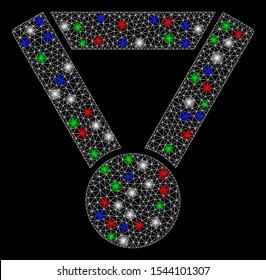 Bright mesh award medal with glow effect. White wire frame polygonal mesh in vector format on a black background. Abstract 2d mesh built from polygonal grid, round dots, colored flash spots.
