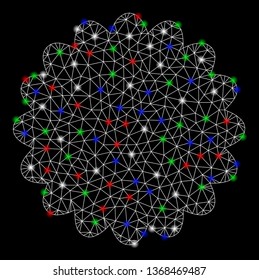 Bright mesh award seal with glare effect. White wire frame polygonal mesh in vector format on a black background. Abstract 2d mesh created from polygonal grid, spheric points, colored flash spots.