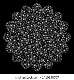 Bright mesh award seal with lightspot effect. Shiny wire frame polygonal mesh in vector format on a black background. Abstract 2d mesh designed with polygonal grid, round dots, glossy flare spots.