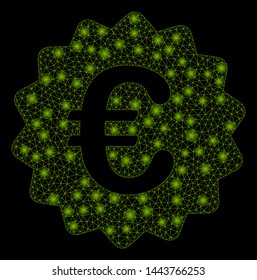 Bright mesh award seal with lightspot effect. Shiny wire frame triangular mesh in vector format on a black background. Abstract 2d mesh designed with triangles, spheric points, glossy light spots.