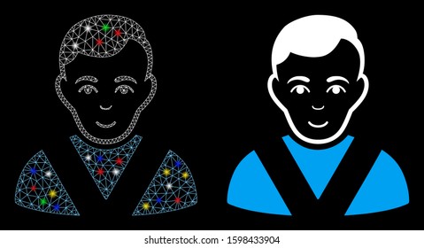 Bright mesh awarded man icon with lightspot effect. Abstract illuminated model of awarded man. Shiny wire frame triangular mesh awarded man icon. Vector abstraction on a black background.