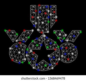 Bright mesh awards with glare effect. White wire carcass triangular mesh in vector format on a black background. Abstract 2d mesh designed with triangular lines, small circle, colored flash spots.