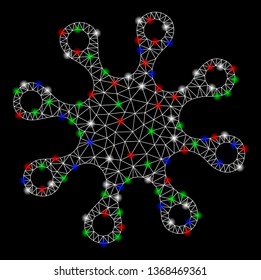 Bright mesh axenic with glow effect. White wire carcass polygonal mesh in vector format on a black background. Abstract 2d mesh designed with polygonal grid, dots, colored flash spots.