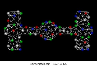 Bright mesh axle with glow effect. White wire carcass polygonal network in vector format on a black background. Abstract 2d mesh designed with polygonal grid, spheric points, colored glare spots.