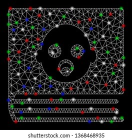 Bright mesh baby album with glow effect. White wire carcass triangular mesh in vector format on a black background. Abstract 2d mesh designed with triangles, dots, colored flash spots.