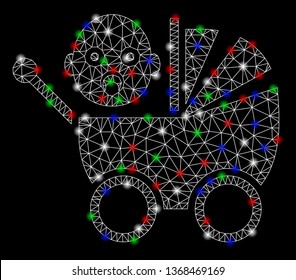 Bright mesh baby carriage with glare effect. White wire carcass polygonal mesh in vector format on a black background. Abstract 2d mesh designed with triangles, round dots, colored flare spots.