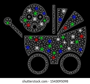 Bright mesh baby carriage with glare effect. White wire frame triangular mesh in vector format on a black background. Abstract 2d mesh designed with triangular lines, spheric points,