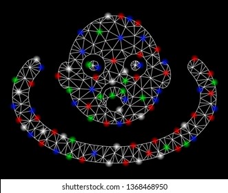 Bright mesh baby environment with glare effect. White wire carcass triangular mesh in vector format on a black background. Abstract 2d mesh built from triangular lines, spheric points,