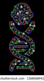 Bright mesh baby genes with glow effect. White wire carcass triangular mesh in vector format on a black background. Abstract 2d mesh built from triangular lines, round dots, colorful flare spots.