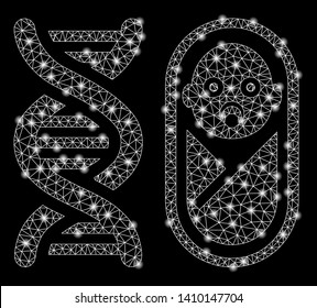 Bright mesh baby genetics with glow effect. Shiny wire frame polygonal mesh in vector format on a black background. Abstract 2d mesh designed with triangular lines, small circle, glowing glare spots.