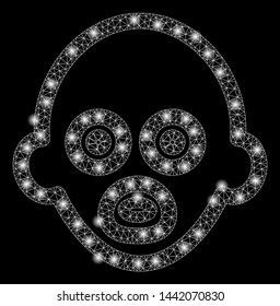 Bright mesh baby with glow effect. Abstract illuminated model of baby icon. Shiny wire carcass polygonal mesh baby abstraction in vector format on a black background.