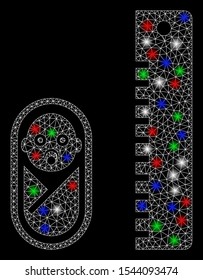 Bright mesh baby height with glare effect. White wire frame triangular mesh in vector format on a black background. Abstract 2d mesh designed with triangles, points, colorful glare spots.