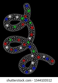Bright mesh bacillus with glare effect. White wire carcass triangular mesh in vector format on a black background. Abstract 2d mesh designed with polygonal grid, dots, colorful light spots.