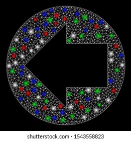 Bright mesh back direction with glare effect. White wire carcass polygonal mesh in vector format on a black background. Abstract 2d mesh designed with triangles, round dots, colorful glare spots.