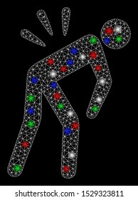 Bright mesh backache with glare effect. White wire frame polygonal mesh in vector format on a black background. Abstract 2d mesh designed with polygonal grid, dots, colorful flare spots.