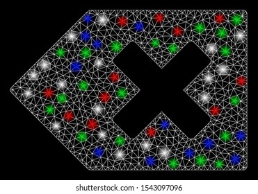 Bright mesh backspace with glow effect. White wire carcass polygonal mesh in vector format on a black background. Abstract 2d mesh created from polygonal grid, dots, colored flash spots.