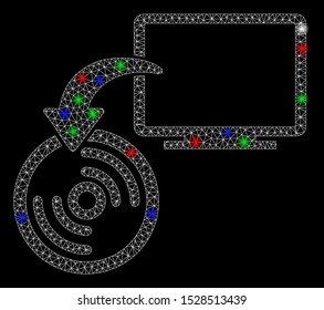 Bright mesh backup with glow effect. White wire frame triangular mesh in vector format on a black background. Abstract 2d mesh designed with triangular lines, small circle, colored flare spots.