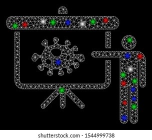 Bright mesh bacteria lecture with lightspot effect. White wire carcass triangular mesh in vector format on a black background. Abstract 2d mesh designed with triangular lines, points,