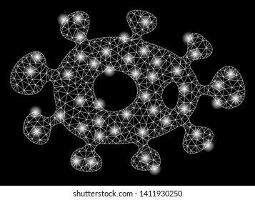 Bright mesh bacteria with lightspot effect. Abstract illuminated model of bacteria icon. Shiny wire frame polygonal network bacteria abstraction in vector format on a black background.
