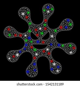 Bright mesh bacteria with lightspot effect. White wire frame polygonal mesh in vector format on a black background. Abstract 2d mesh designed with polygonal grid, dots, colored flare spots.