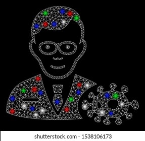Bright mesh bacteriologist with glow effect. White wire frame triangular network in vector format on a black background. Abstract 2d mesh designed with triangular lines, round dots,