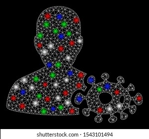 Bright mesh bacteriologist with lightspot effect. White wire carcass triangular mesh in vector format on a black background. Abstract 2d mesh designed with polygonal grid, spheric points,