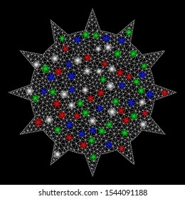 Bright mesh bacterium with lightspot effect. White wire carcass triangular network in vector format on a black background. Abstract 2d mesh designed with triangular lines, dots, colorful glare spots.