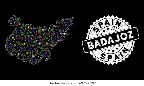 Bright mesh Badajoz Province map with lightspot effect, and seal. Wire frame polygonal Badajoz Province map mesh in vector format on a black background. White round seal stamp with distress surface.