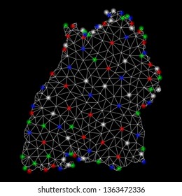 Bright mesh Baden-Wurttemberg Land map with glare effect. Wire carcass polygonal mesh in vector format on a black background. Abstract 2d mesh designed with triangular lines, small circle,