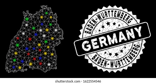 Bright mesh Baden-Wurttemberg Land map with glare effect, and stamp. Wire carcass triangular Baden-Wurttemberg Land map mesh in vector format on a black background.